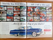 1953 Mercury Monterey Coupe Ad  1953 Four Roses Whiskey Ad Skiing Theme