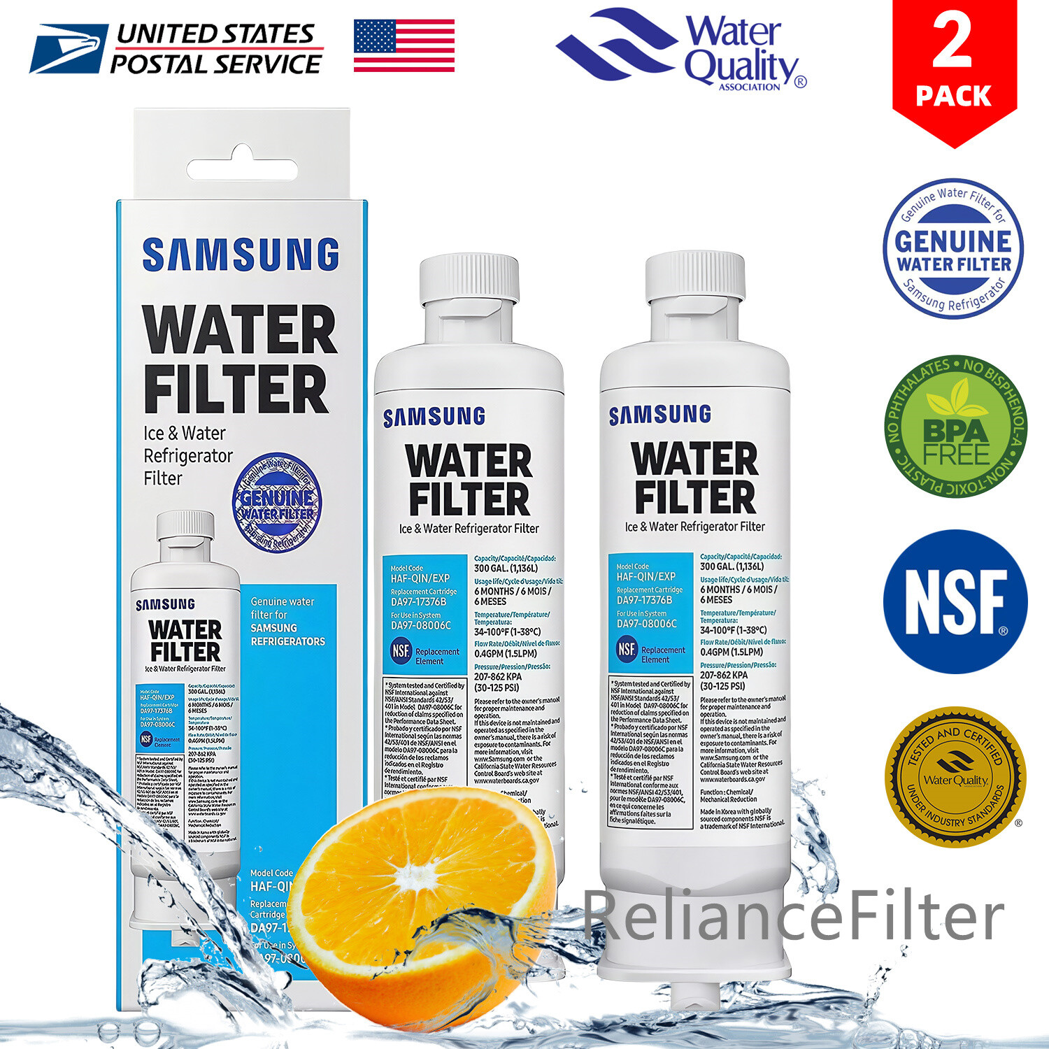DA97-17376B Water Filter Replacement for Samsung RF28R7201SR RF23M8570SR 2-Pack