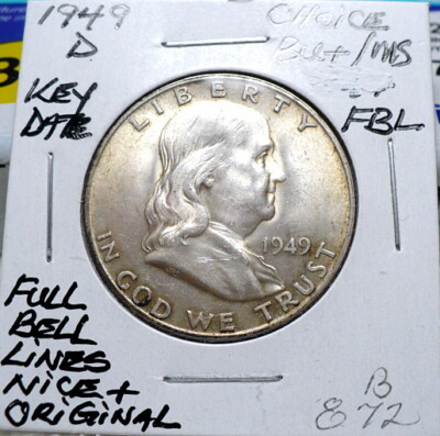 1949-D FRANKLIN HALF DOLLAR, CHOICE+ BU/MS FBL, KEY DATE, NICE, STRONG X, B872