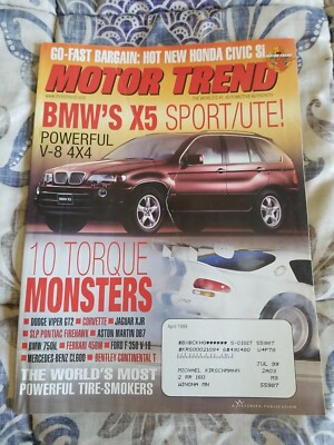 Motor Trend Magazine April 1999 BMW X5 SUV Top 10 Torque Monsters Honda Civic Si