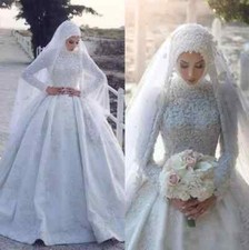Gorgeous Applique Muslim Ball Wedding Dresses With Hijab High Neck Bridal Gowns