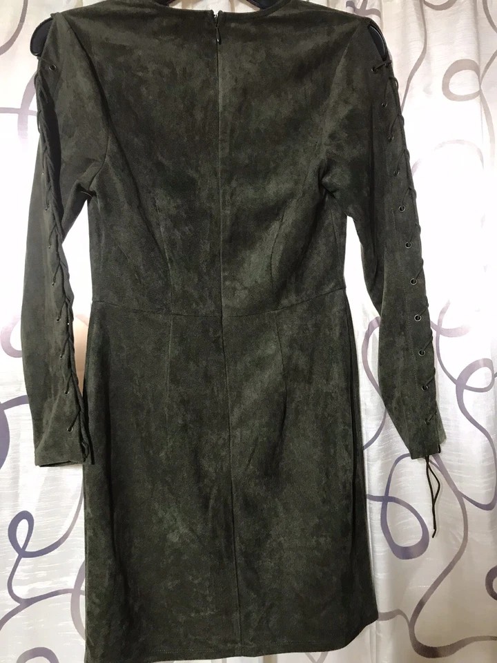 GB Green Faux Suede  Dress With Side Leather Tie Straps/Grommets Womens Size S - Image 3 of 4