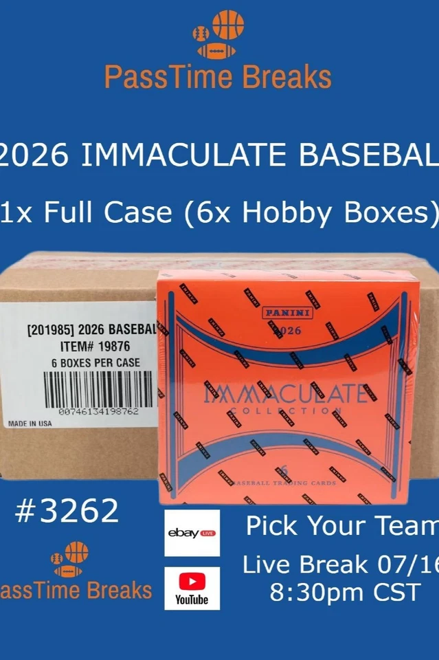 2026 PANINI IMMACULATE BASEBALL - 1x Full Case 6x Hobby Box PYT BREAK 3262