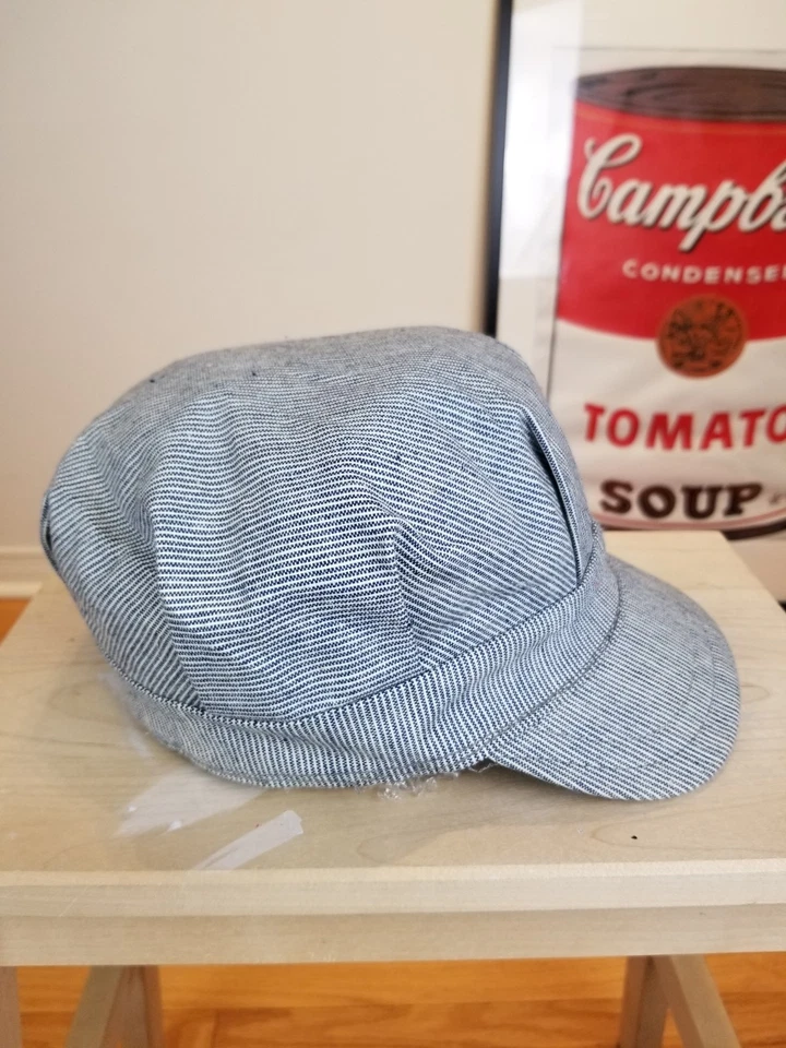 VINTAGE 50' UNBRANDED RAILROAD ENGINEER STRIPED HICKORY HAT SZ 7 1/2 - Image 4 of 4