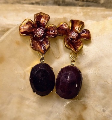 50 Carats Raw Ruby In Handpainted Red Flowers In Chunky Gold Plated Earrings