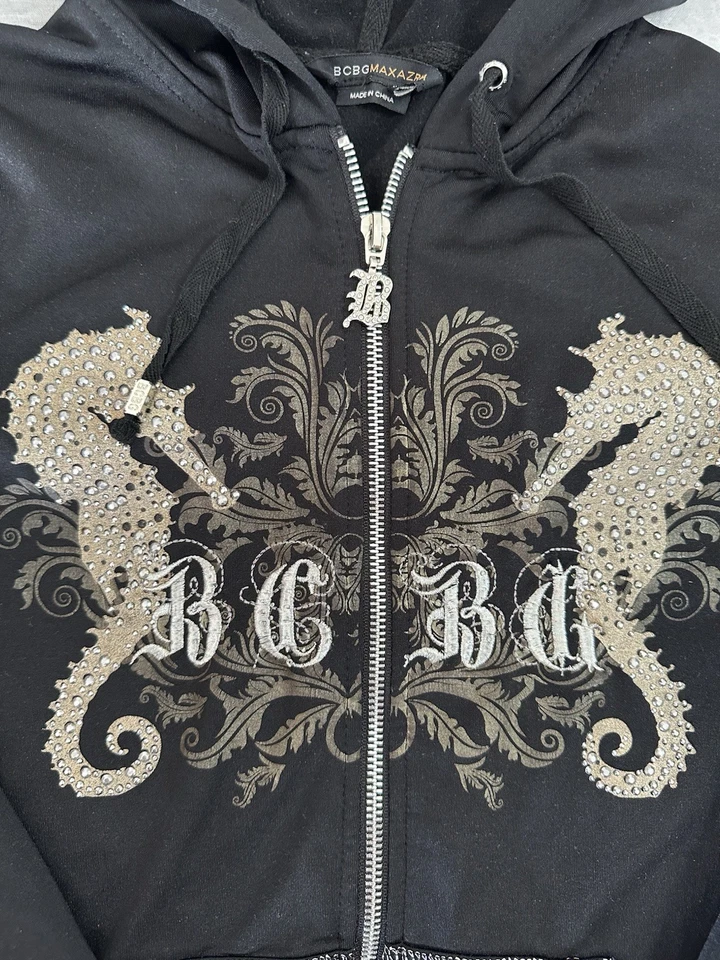 BCBG Maxazria Mujer Talla Pequeña S Sudadera Cremallera Completa Negra Sudadera con Capucha Manga Larga Foto 2 de 4