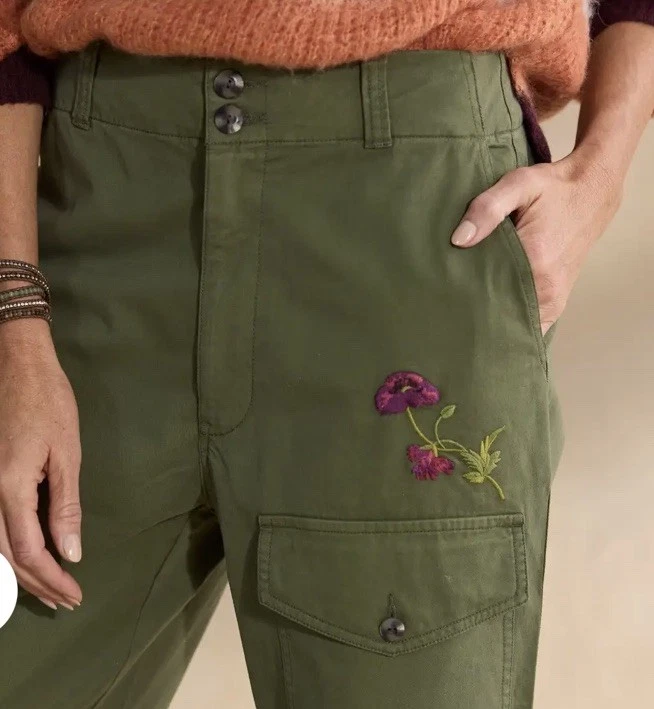 NEW Sundance Catalog Melissa Embroidered Floral Pants Olive Green Petite 6 6P