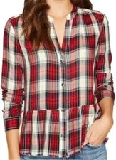 Splendid Red Black Plaid Edgeware Raw Edge Peplum Split Neck Button Up Top Sz M