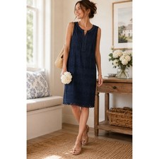 Talbots Eyelet Sheath Dress Womens 4 Navy Blue Cotton Lace Split Neck