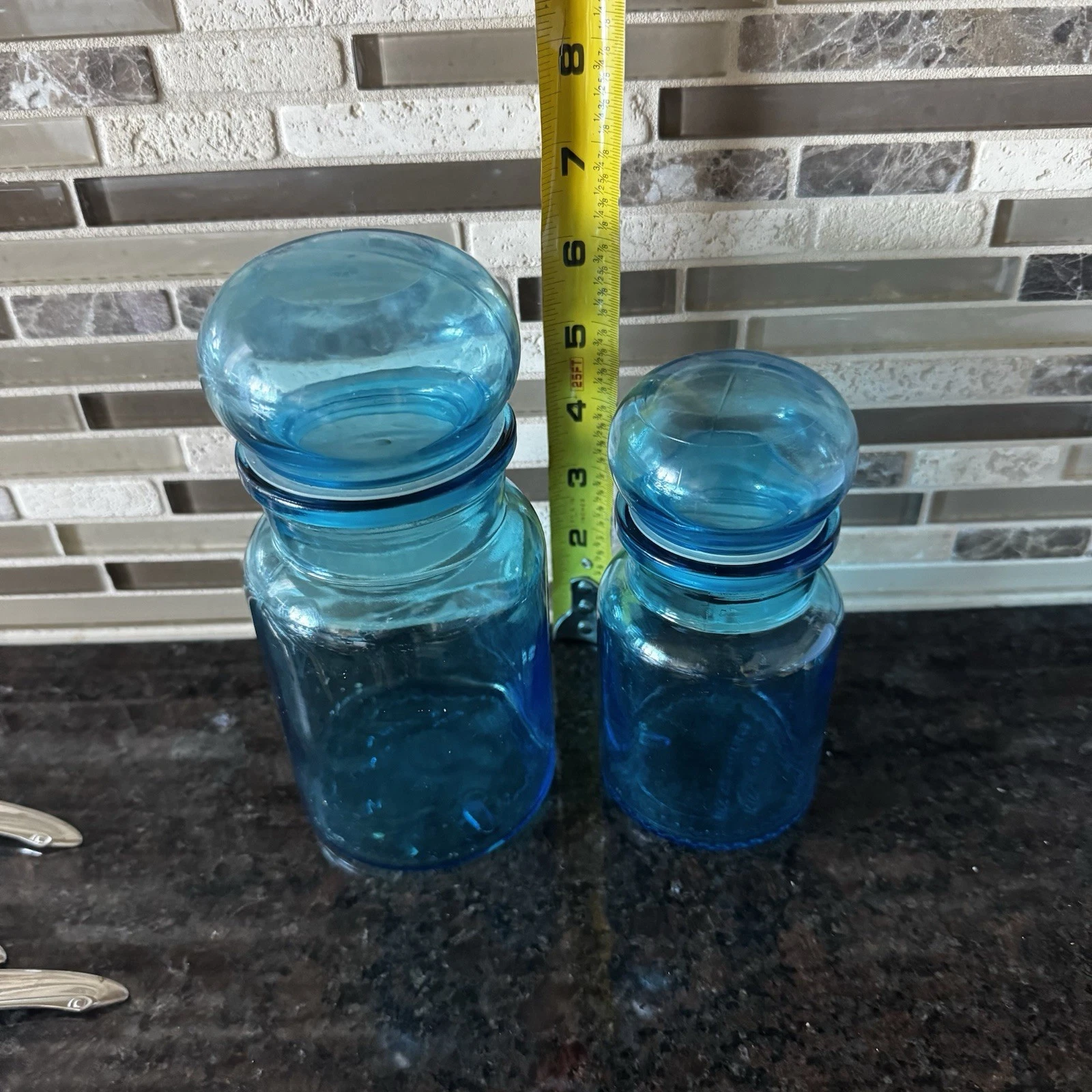 Set of 2 Belgium Blue Glass Canisters Container Bubble Lid Apothecary Jars