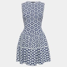 Alexander McQueen WhiteBlue Floral Pattern Stretch Knit Mini Dress XXS