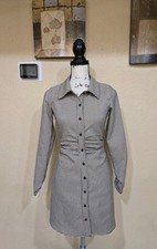 Zara Shirt Dress Women's Beige Black Houndstooth Ruched Button Down Size S