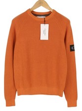 CALVIN KLEIN Badge Easy Men Jumper S Orange Cotton Waffle-Knit Crew Pull On