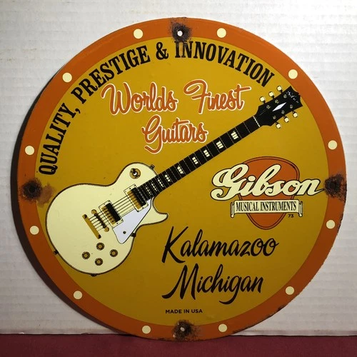 VINTAGE 1973 DATED GIBSON GUITAR MUSICAL INSTRUMENTS PORCELAIN SIGN OIL GAS
