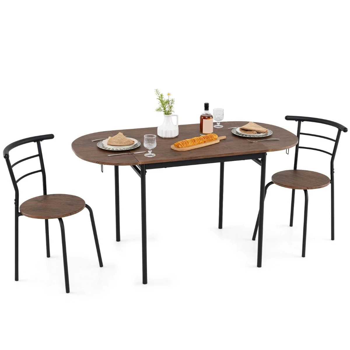 3 Pcs Foldable Dining Table Set Expandable Table with 2 Chairs