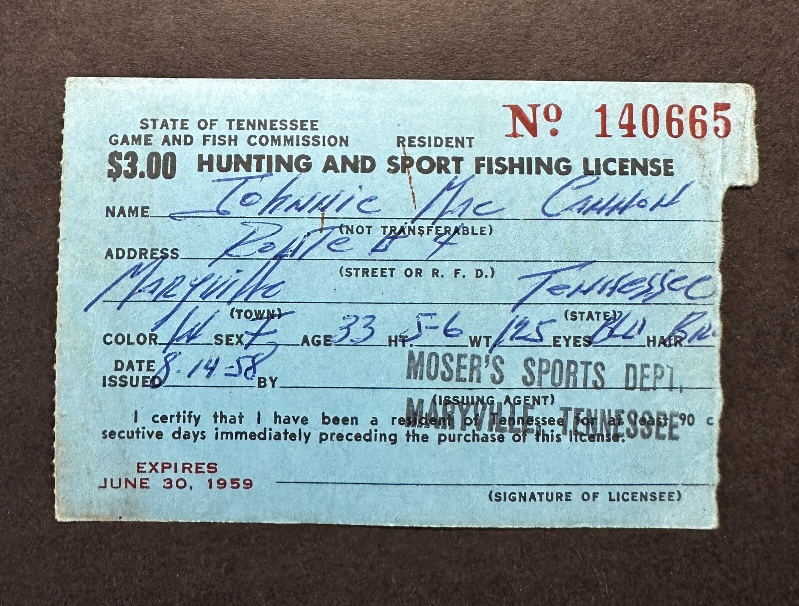 WTDstamps 1959 **TENNESSEE** Resident Fishing Trout Stamp Permit