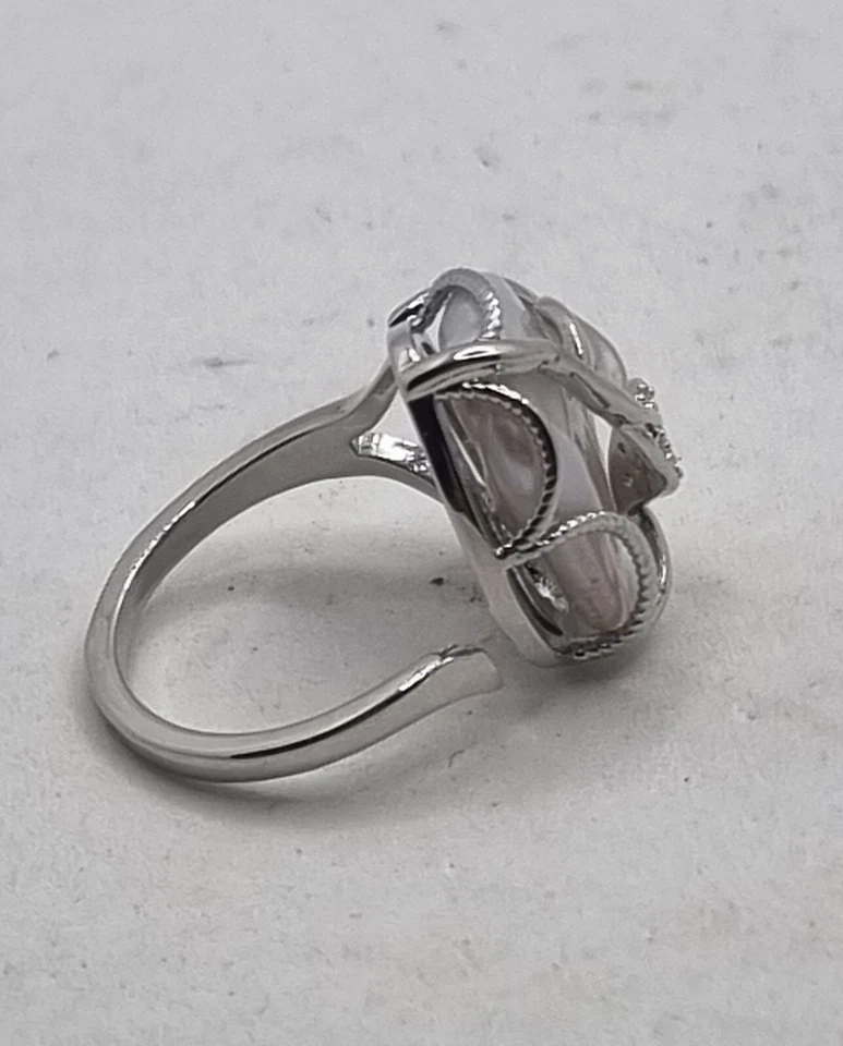 ANELLO IN ARGENTO CON PERLA bianca rettangolare, regolabile, anello da sera - Immagine 2 di 4