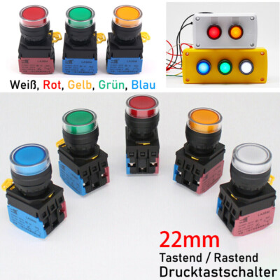 22mm Druckschalter Beleuchtet Drucktaster Tastend  Rastend 10Amp 12/24/220/380V