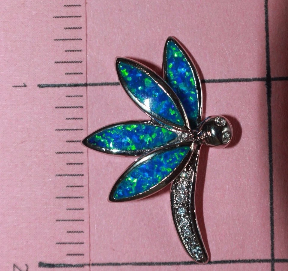 Laboratorio Incrustaciones Ópalo de Fuego Cz Collar Colgante Gemas Placa de Plata Joyería Libélula Foto 4 de 4