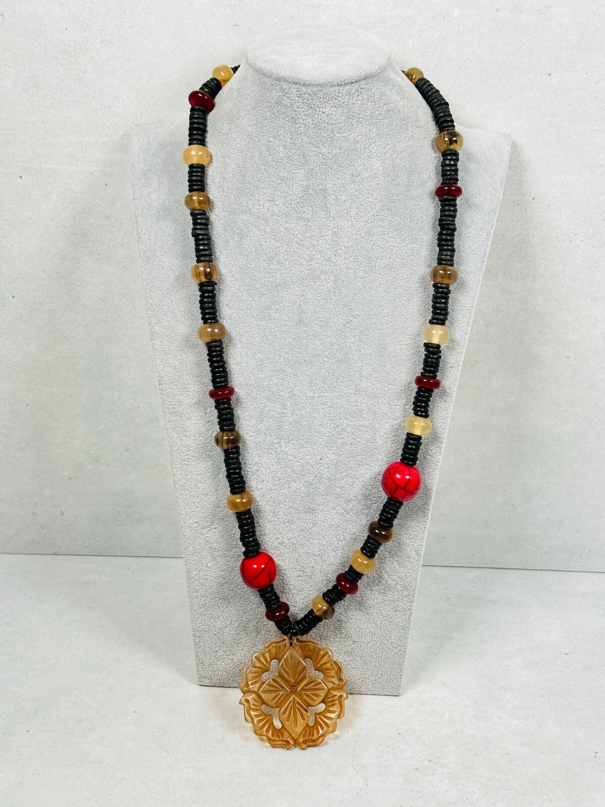 Chicos Statement Necklace Brown Translucent Carve… - image 1