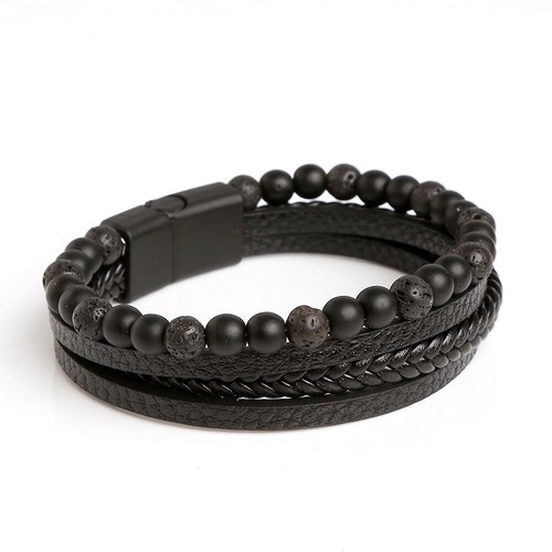 Men's Layered Braided Leather Beaded Bracelet Wrist Band Bangle Multi-layer - Picture 4 of 11