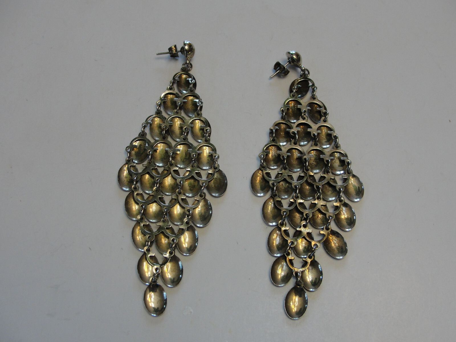 Vintage Silver Tone Post Stud Dangle Teardrops 4"… - image 3