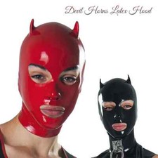 Latex Hood Rubber Mask with Devil Horns Catsuit Clubwear Fetish BDSM Cosplay