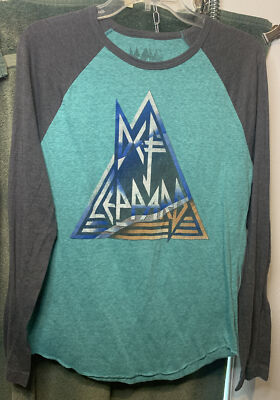 Def Leppard Mens Long Sleeve Graphic Thin T-Shirt Raglan Green Gray Rock  Size S