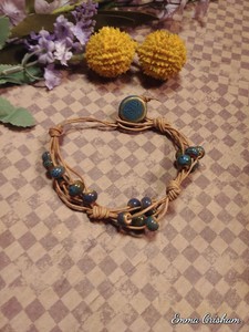 Bracelet-Boho-Style-Beaded-Leather-Ceramic-Tan-Leather-Cord-Handmade-OOAK