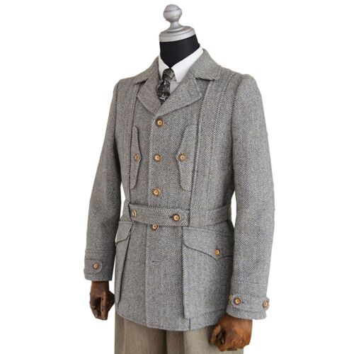 Men's Suit Wool Blend Herringbone Lapel Collar Tuxedo Wedding Party Jacket - Picture 2 of 12