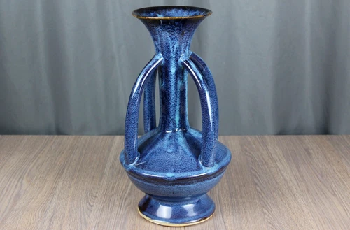 Blue handled/buttressed pottery vase, Arts & Crafts style drip glaze, 15.75"