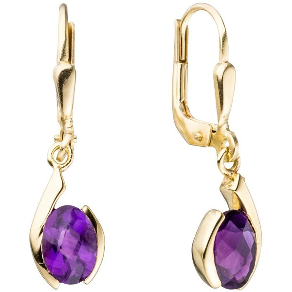 Paar Ohrringe OhrhäNger Mit Amethyst Violett Lila Oval, 333 Gold Gelbgold Damen-image