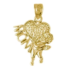 New 14k Gold Mom With Angel & Heart Pendant
