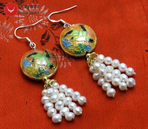 4-5mm Round Natural White Pearl Earring Women 18mm Blue Cloisonne Dangle Earring - Picture 19 of 28