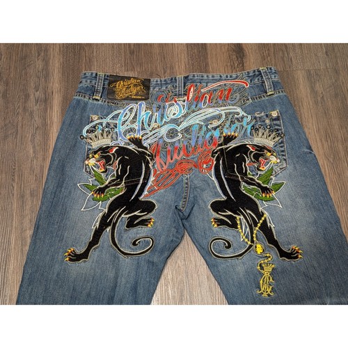Pantalones de mezclilla Christian Audigier con gráficos de pantera bordados talla Y2K 38x34 - Imagen 5 de 8