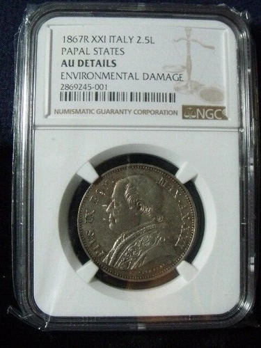 1867 R XXI Italy 2.5 Lire Papal States NGC AU DETAILS FREE SHIPPING