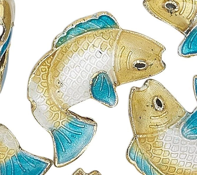 Cuentas, Cloisonné 6 Acabados en Oro Latón y Esmalte Azul 18x14x4mm Peces con Agujero de 1mm Foto 2 de 3