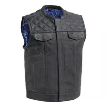 Leather Club Motorcycle Vest Black Paisley Lining Stitching Waistcoat