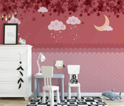 3D Cartoon Pink Star Cloud Self-adhesive Removable Wallpaper Murals Wall