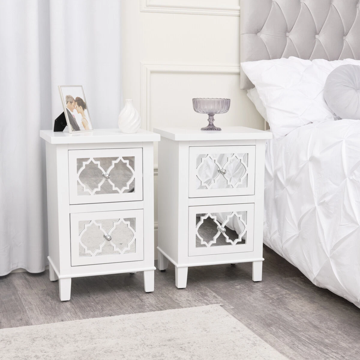 Pair of White Mirrored Bedside Tables Sabrina White Range storage