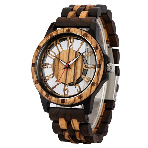 Men's Quartz Wood Watch Full Wooden Watches Hollow Dial Adjustable Wristwatch - Picture 2 of 8