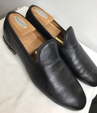 Men’s Gucci Loafer Shoe Black Leather Round Toe Bamboo Heel Trim Size 8.5