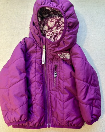 North Face Puffer Jacket Baby Girls 6-12M Purple Owls Reversible (B8)