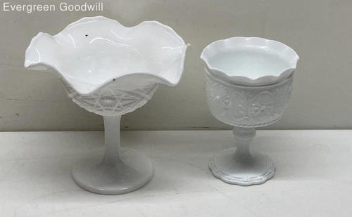 Vintage Milk Galss Compotes Fenton Rufffled Edge & L.E. Smith Cane & Arches