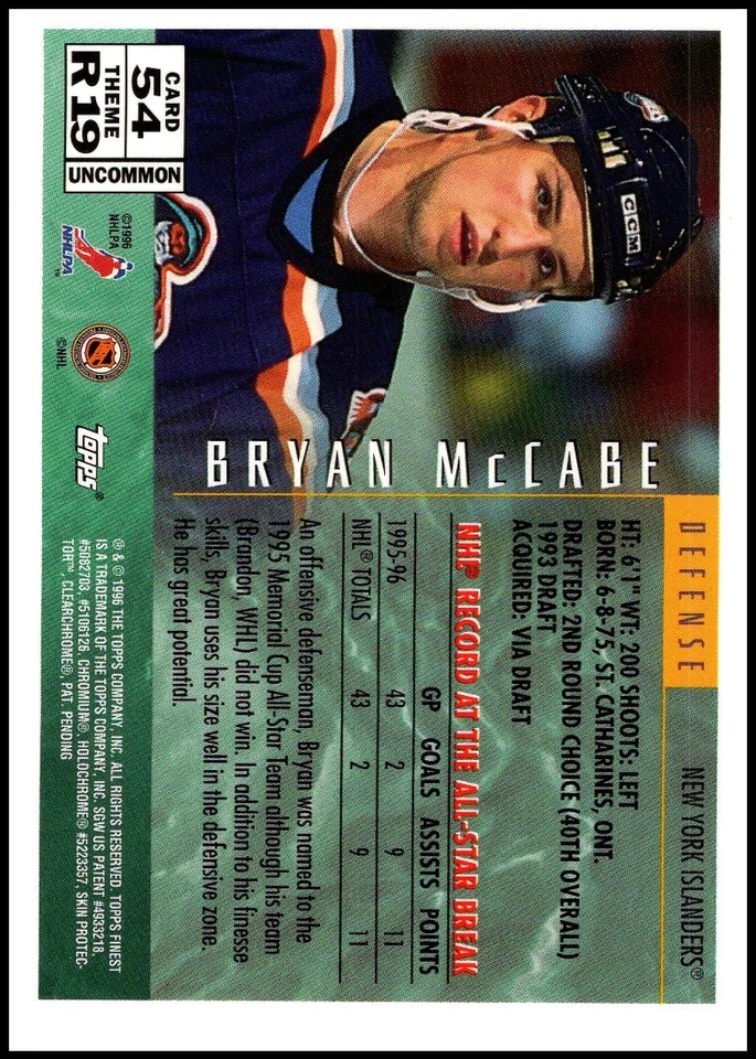 1995-96 Topps Finest #54 Bryan McCabe - FREE SHIPPING! - Image 2 of 2