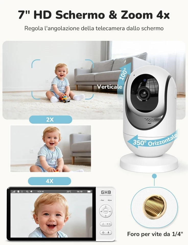 GHB Baby Monitor Video e Audio 7'', 350°/100° Rotante, 5000mAh IPS Schermo, Rile - Immagine 4 di 4