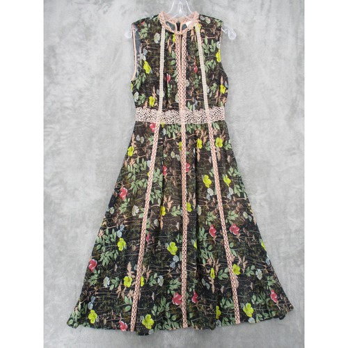 Foxiedox Dress Small Floral Midi Lace Trim Keyhole Pleated Boho Party Wedding