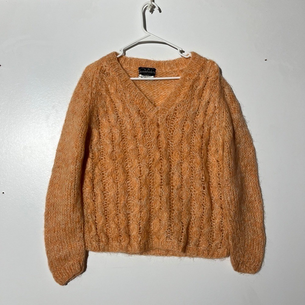 Susanne Vintage Hand Knit Mohair Wool Sweater Italy Orange V-Neck