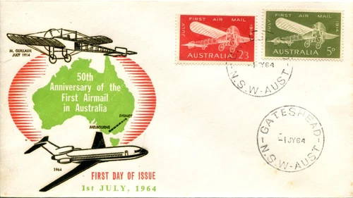 1964 50th Anniversary of the First Airmail in Australia - ACCA FDC Red/Green