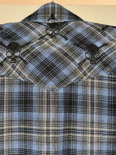 Rock Roll N Soul Shirt Plad Snap Button Long Sleeve Blue Black L Large Skull - Picture 8 of 9